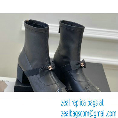 Chanel Heel 5.5cm Stretch Lambskin & Patent Calfskin Short Boots with Bow G40099 Black 2023